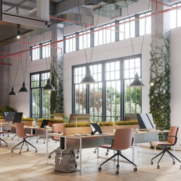 A modern office with desks and computers